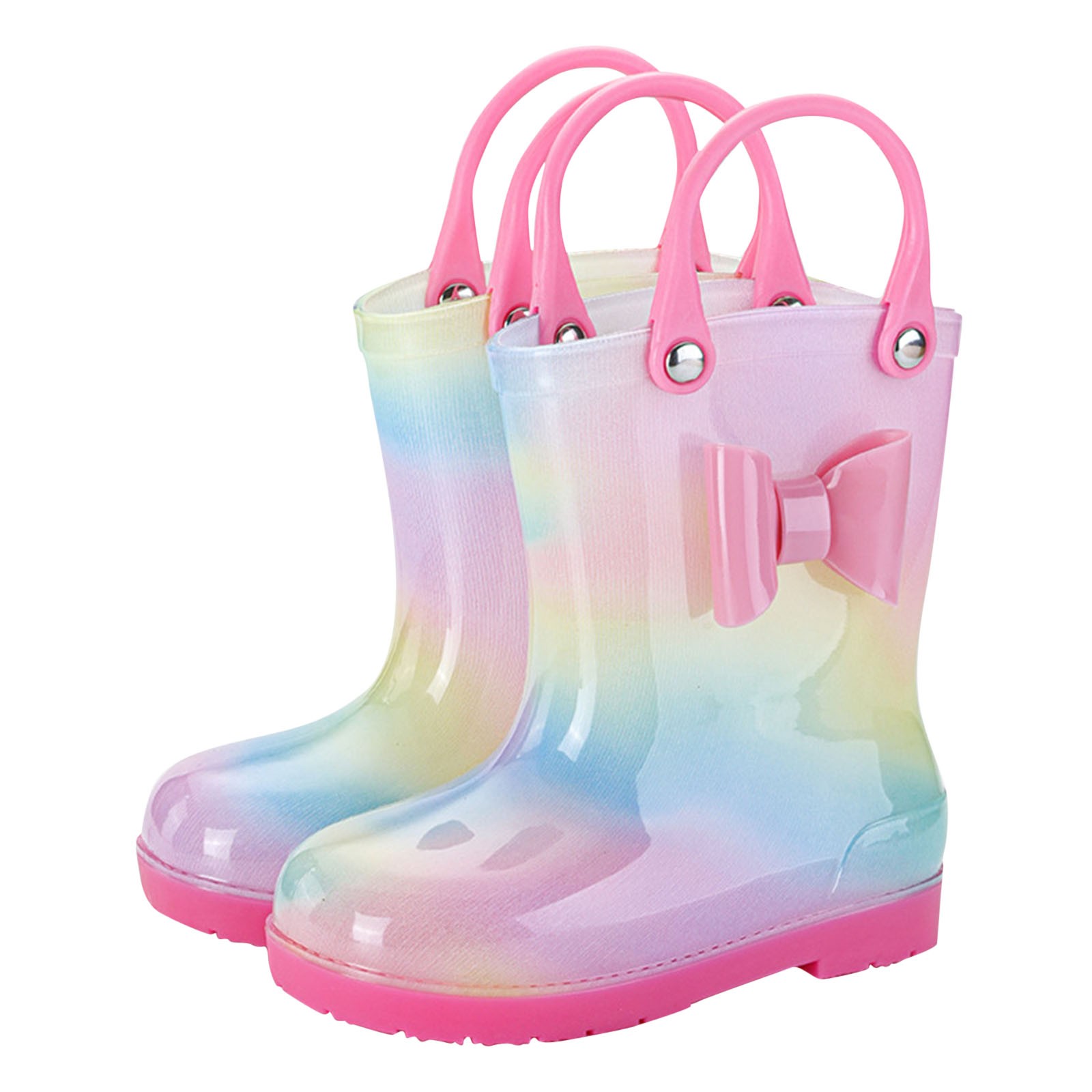 Xfvqtps Girls Rain Boots with Handles Rainbow Gradient Color Bowknot Colorful Mid Calf Waterproof Non Slip Light up Rubber Sole Garden Shoes Outdoor EVA Rain Shoes for 2-9 Years Pink